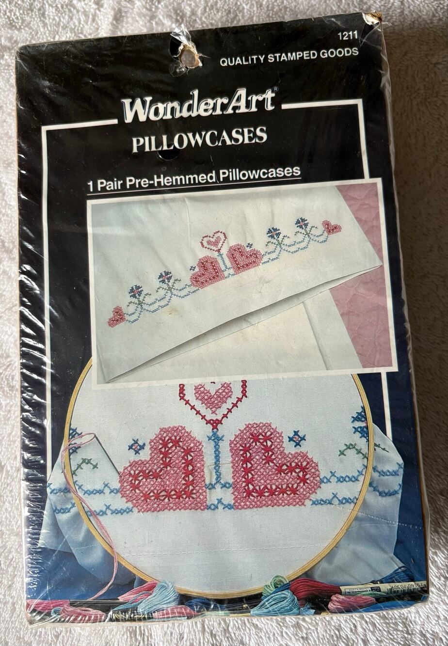 Wonderart stamped cross stitch pillowcase set 1 pair Cross My Hearts standard